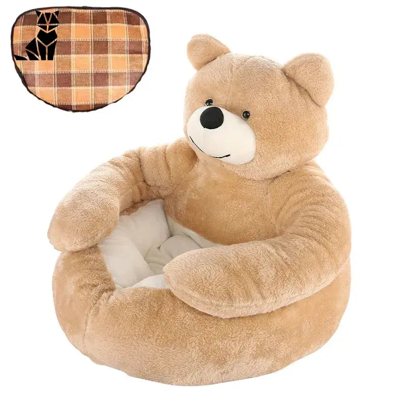 Nid d’hiver doux pour chiens : lit pour chien en forme d’ours en peluche avec un oreiller à carreaux marron, câlin lit